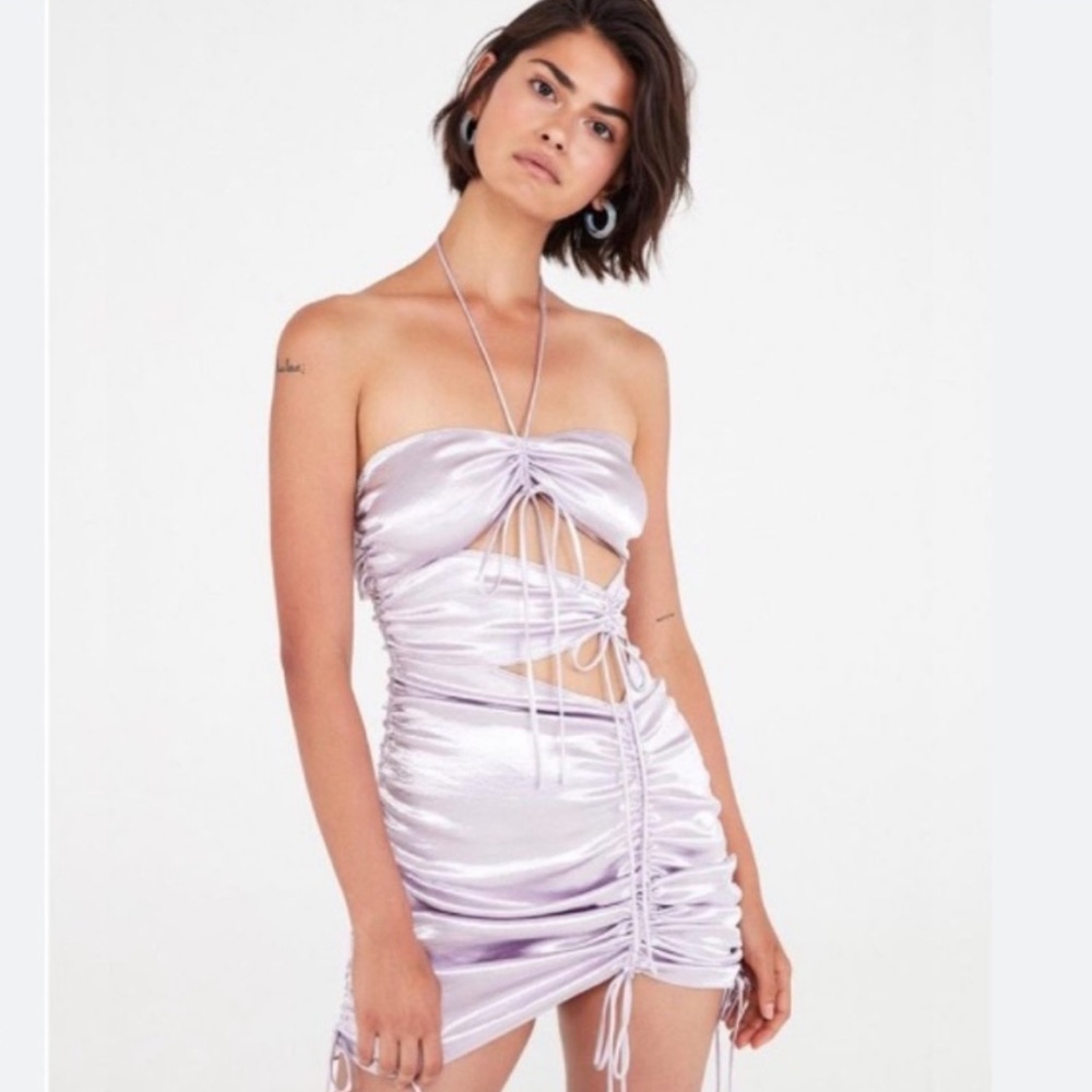NWT For Love & Lemons Lavender Satin Cut-Out Ruched Bodycon Mini Dress